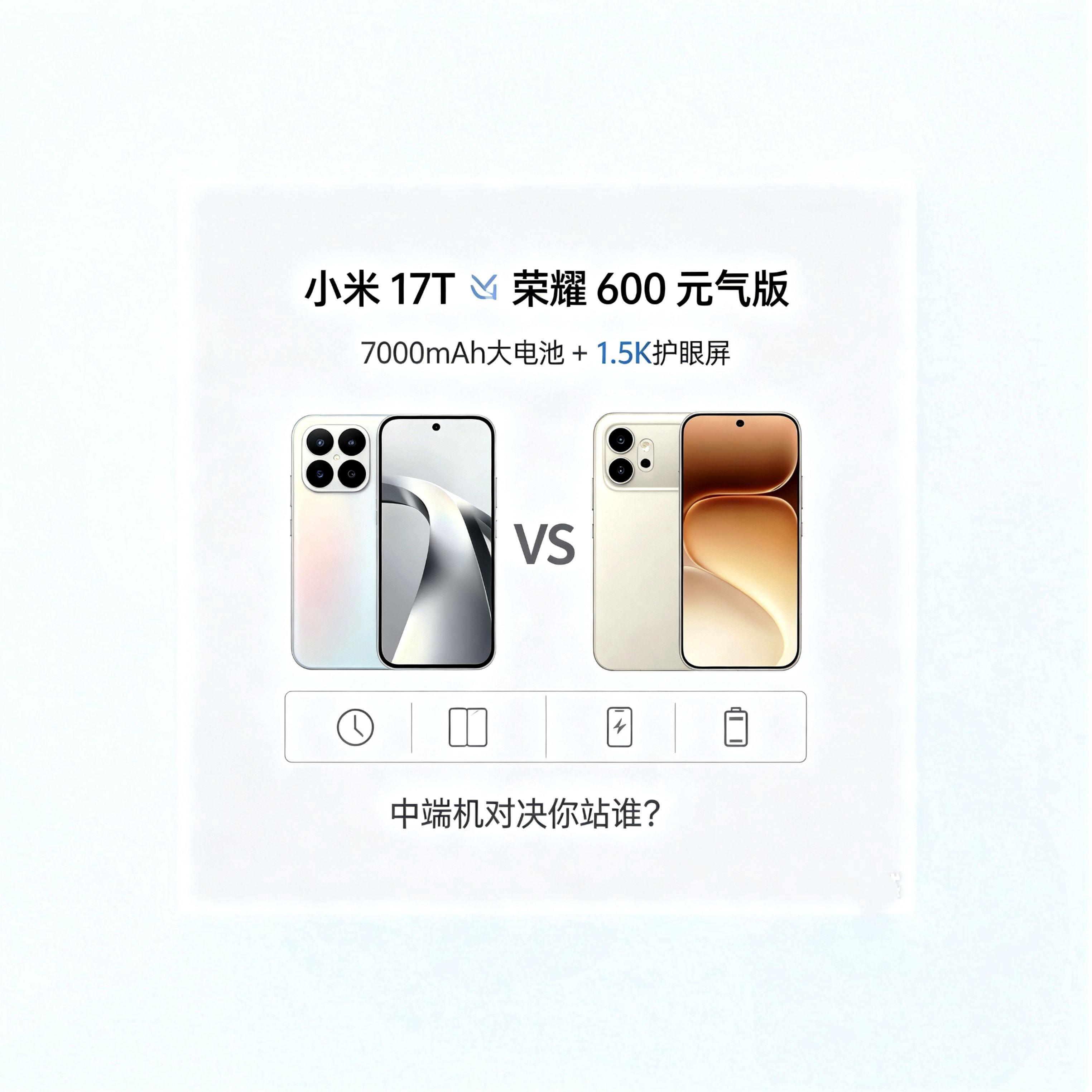 小米 17T🆚荣耀 600 元气版|7000mAh大电池+1.5K护眼屏!中端机对决你站谁?🤔